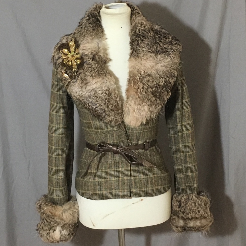 Arden B plaid fur jacket